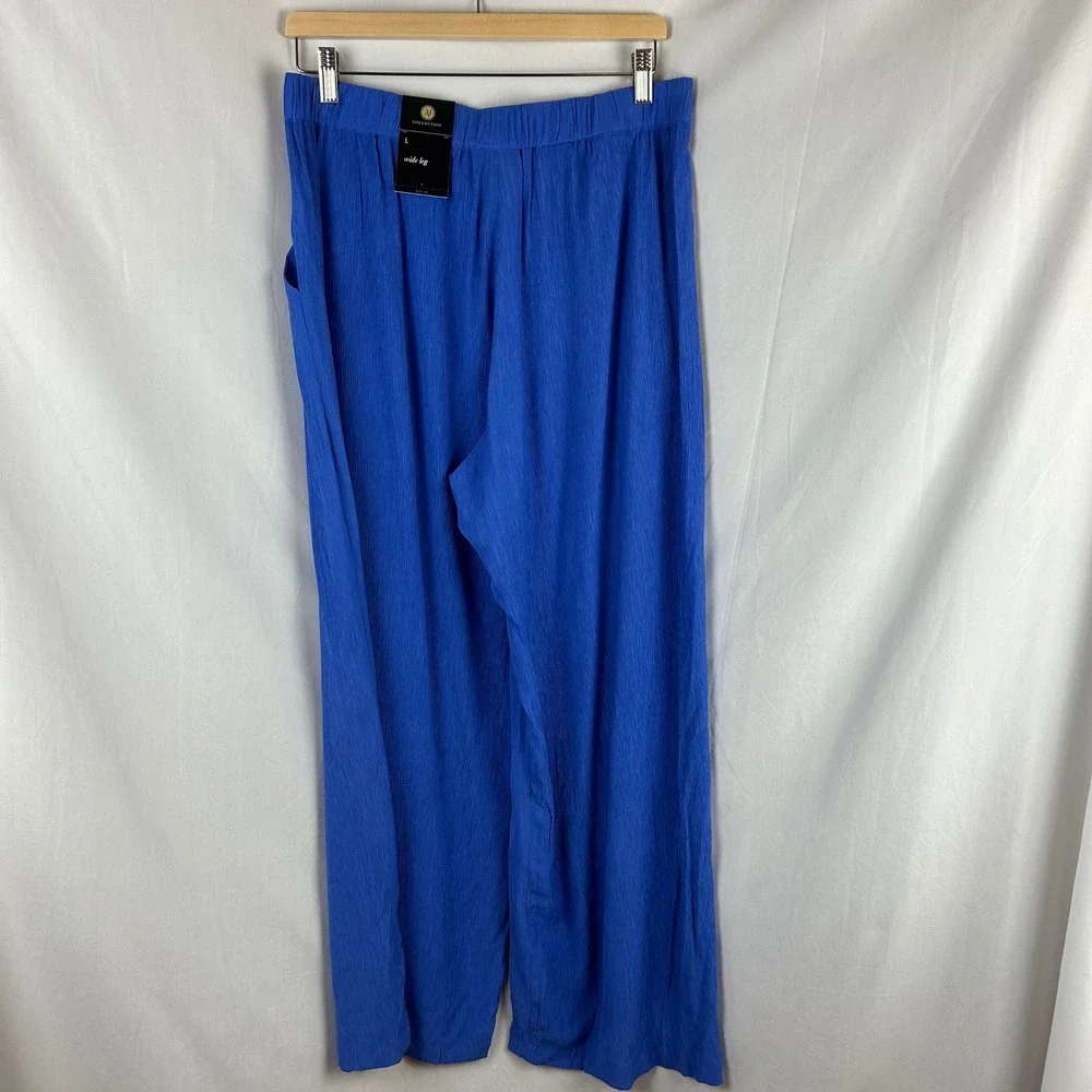 JM Collection Women Wide Leg Pants Blue Crinkle Textured Elastic Waist Large New